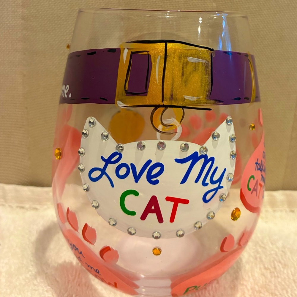 ⭐️3/$15⭐️Lolita Love My Cat hand, painted stemless wine glass 20 ounces